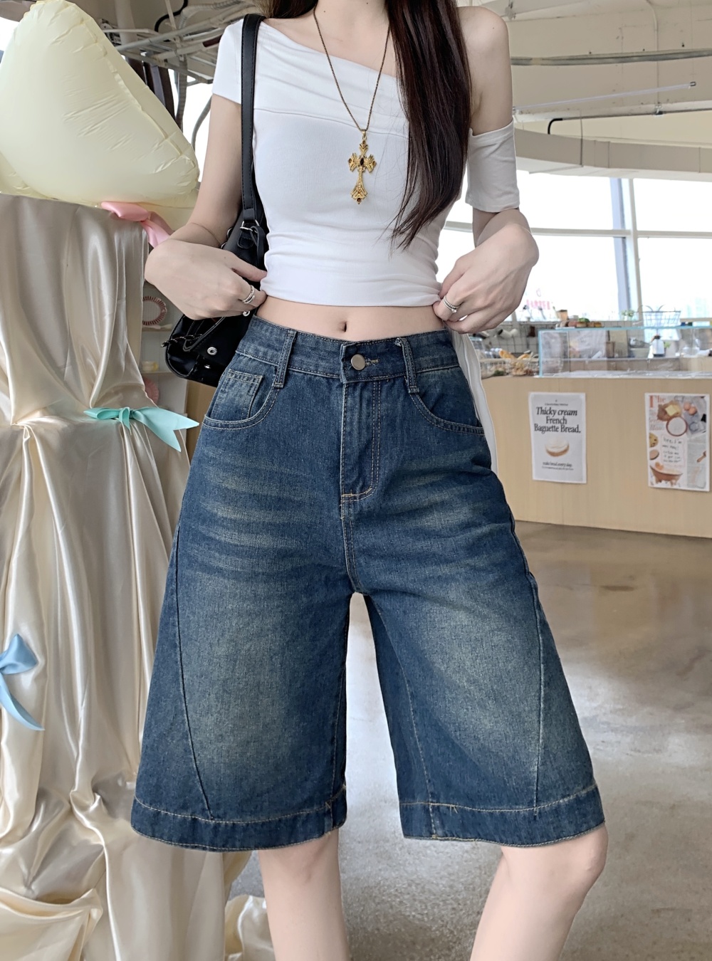 Loose five tenths five pants washed short jeans for women