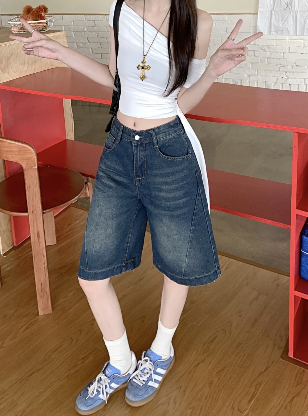 Loose five tenths five pants washed short jeans for women