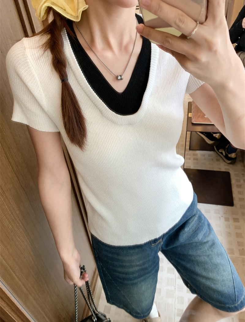 Short sleeve white mixed colors V-neck summer tops