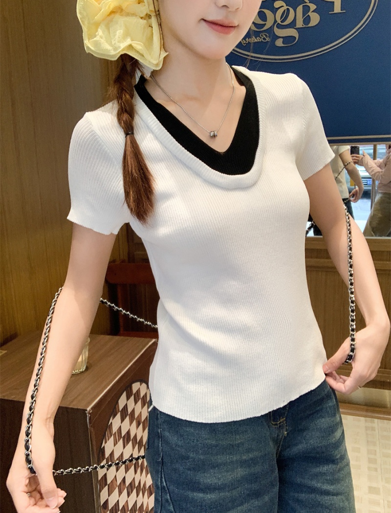Short sleeve white mixed colors V-neck summer tops