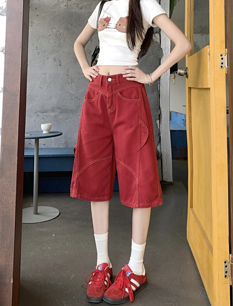 Casual red five pants American style wide leg pants