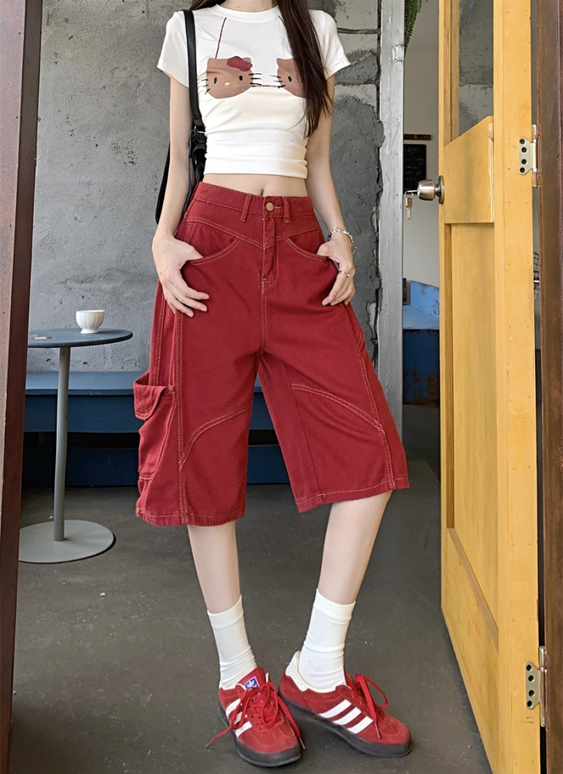 Casual red five pants American style wide leg pants