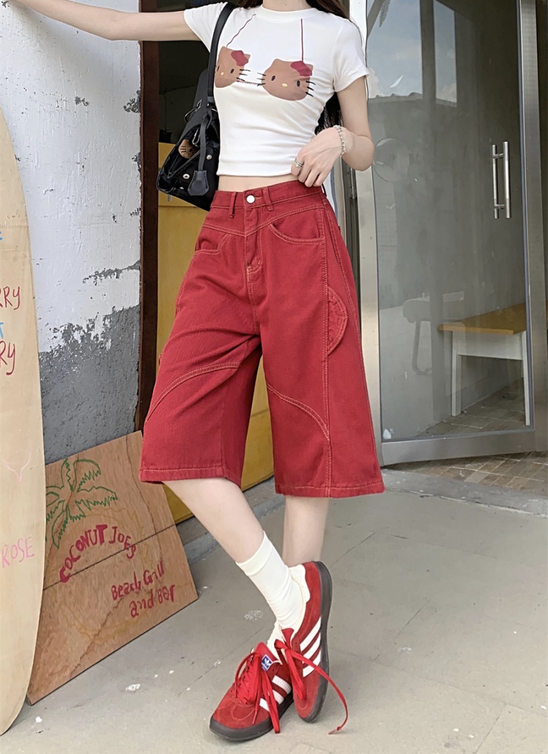 Casual red five pants American style wide leg pants