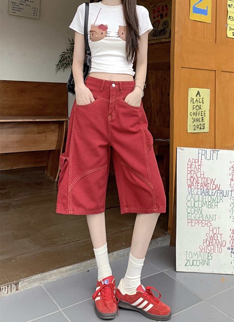 Casual red five pants American style wide leg pants