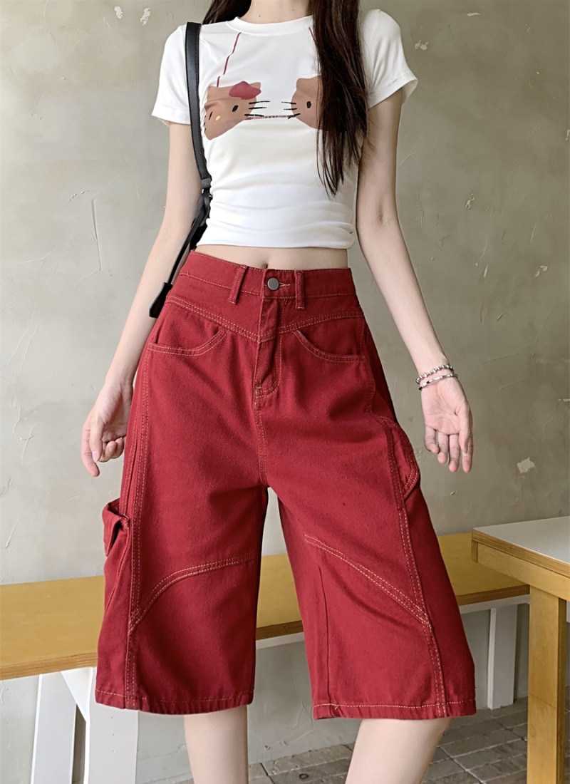 Casual red five pants American style wide leg pants