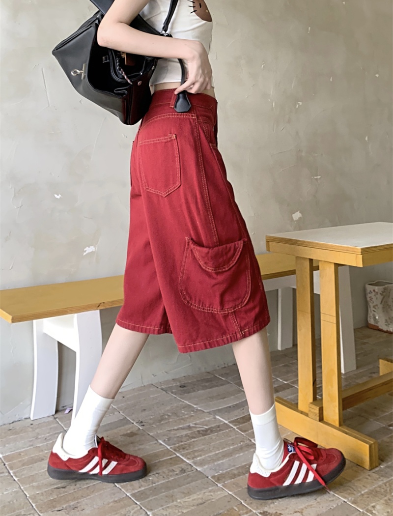 Casual red five pants American style wide leg pants