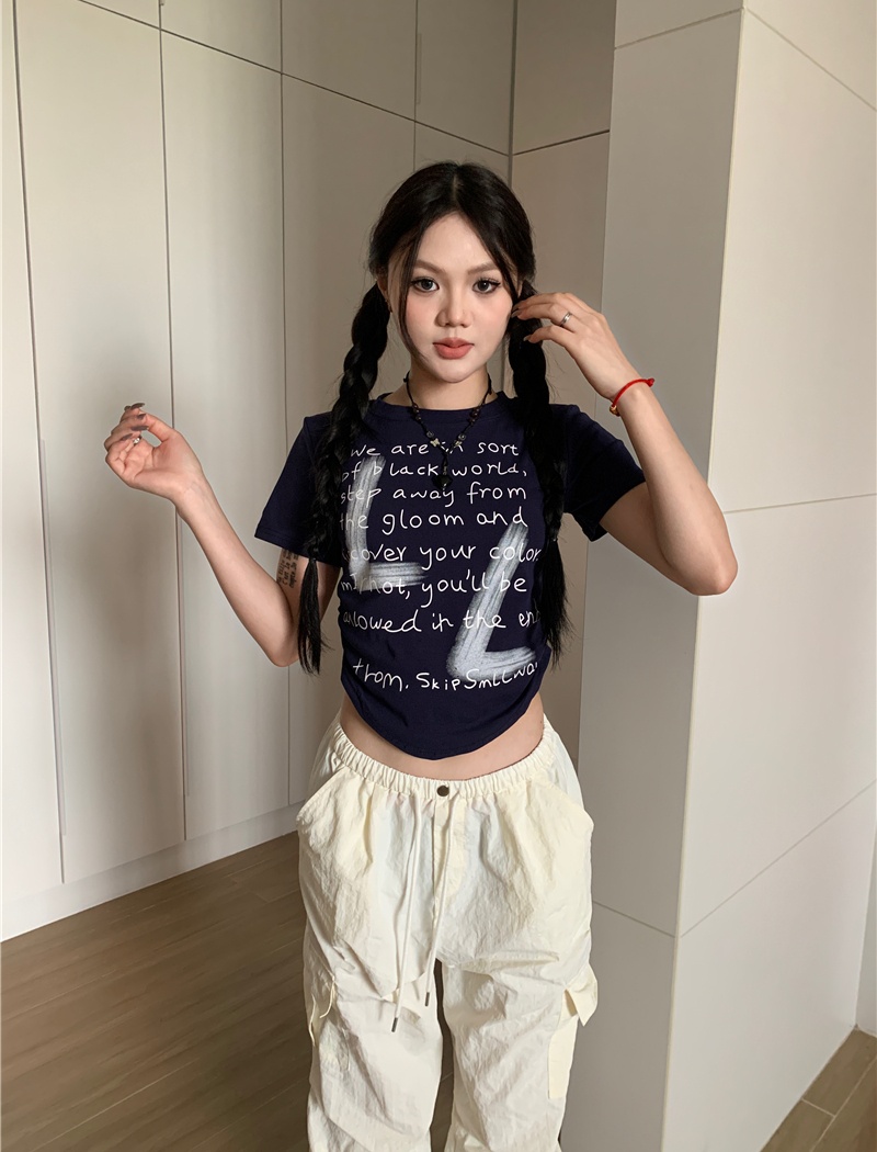 Summer fold tops letters T-shirt for women