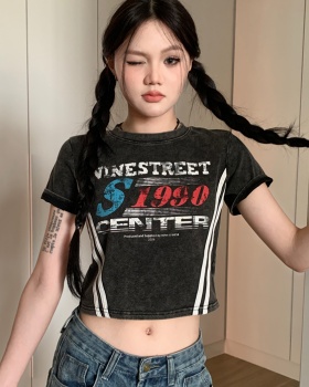 Slim spicegirl tops washed American style T-shirt for women