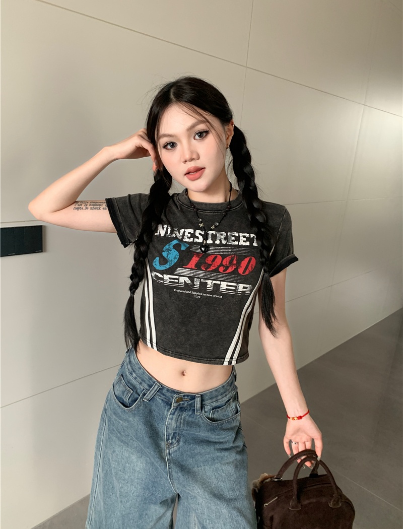 Slim spicegirl tops washed American style T-shirt for women