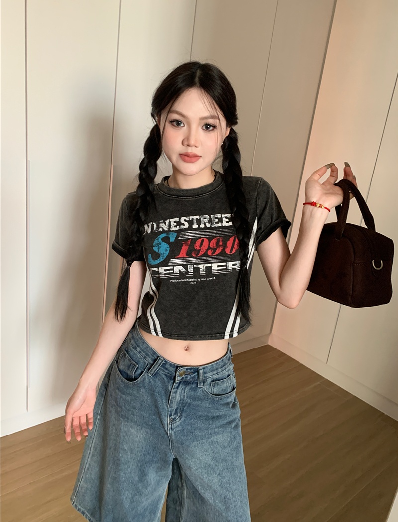 Slim spicegirl tops washed American style T-shirt for women