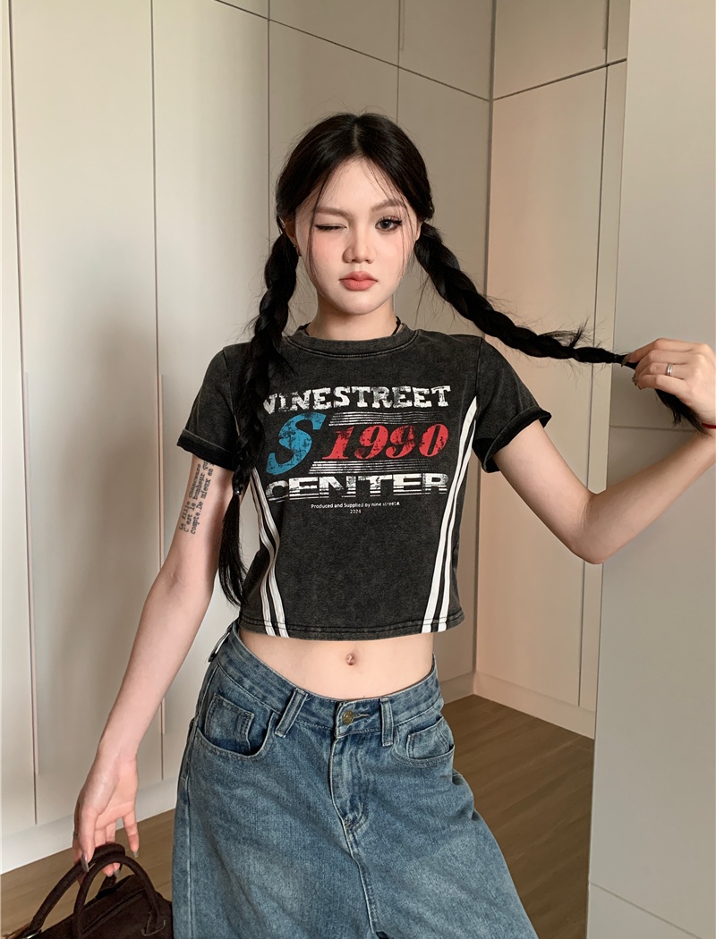 Slim spicegirl tops washed American style T-shirt for women