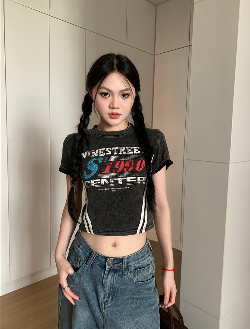 Slim spicegirl tops washed American style T-shirt for women