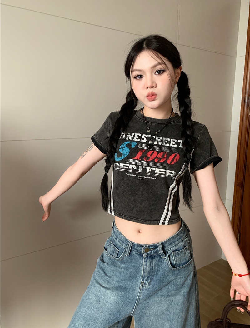Slim spicegirl tops washed American style T-shirt for women