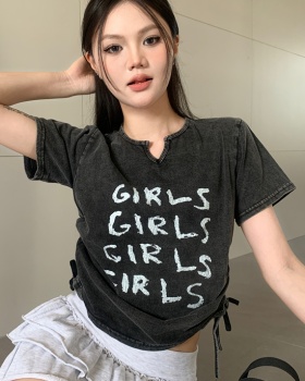 Drawstring conventional letters washed retro short T-shirt