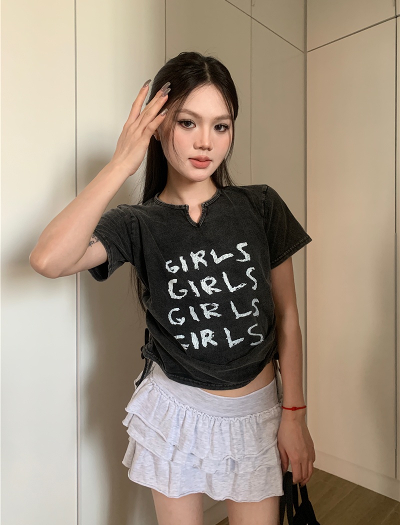Drawstring conventional letters washed retro short T-shirt