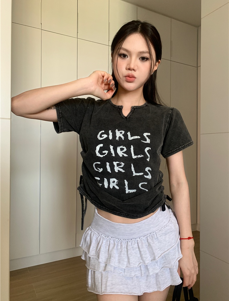 Drawstring conventional letters washed retro short T-shirt