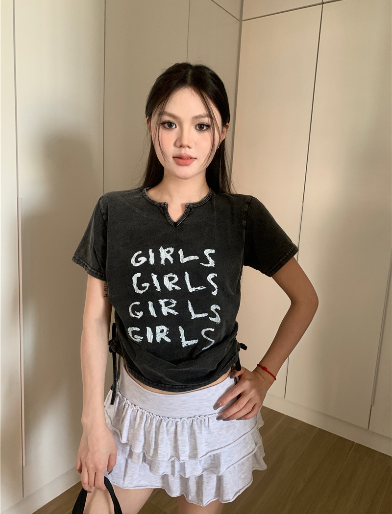 Drawstring conventional letters washed retro short T-shirt