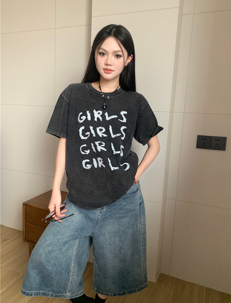 American style conventional retro washed short T-shirt