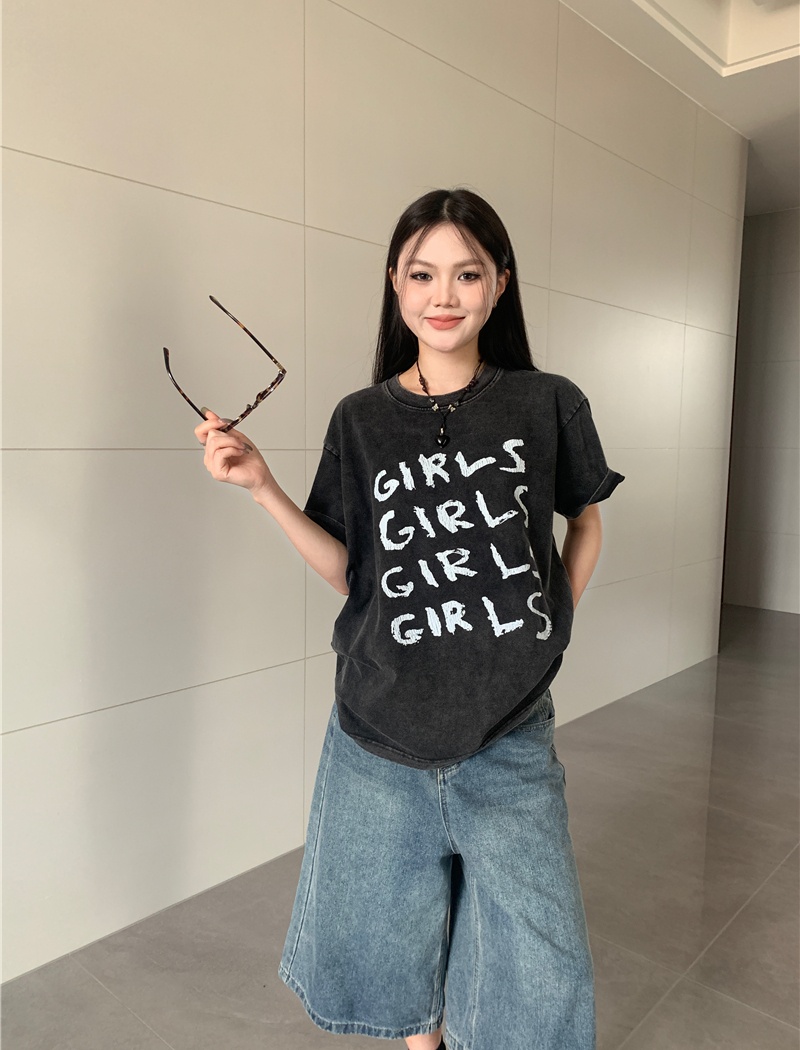 American style conventional retro washed short T-shirt