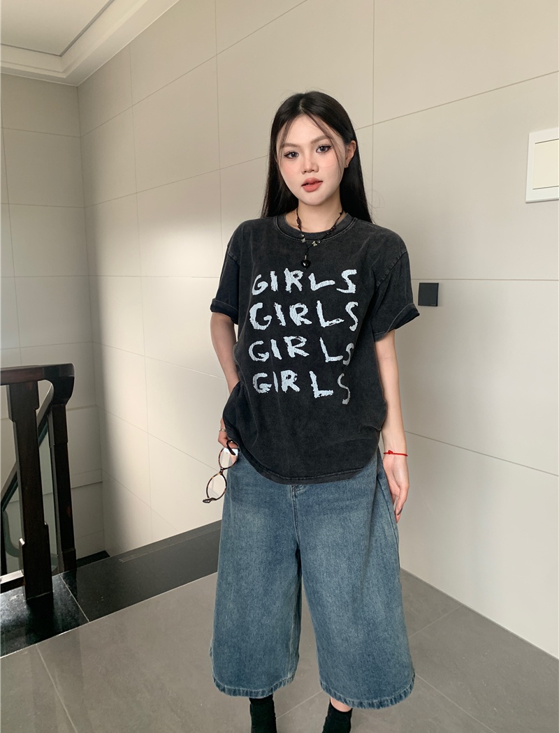 American style conventional retro washed short T-shirt