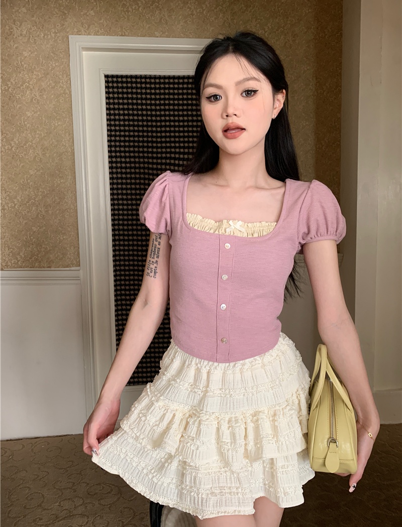 Short sleeve short all-match lace maiden slim T-shirt
