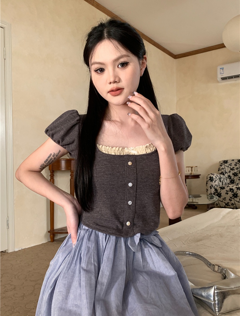 Short sleeve short all-match lace maiden slim T-shirt