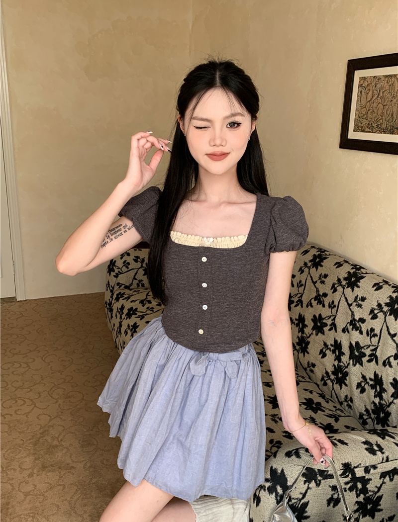 Short sleeve short all-match lace maiden slim T-shirt