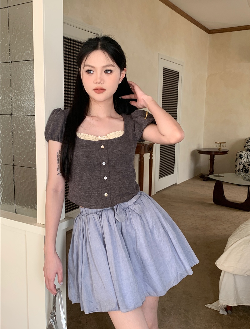 Short sleeve short all-match lace maiden slim T-shirt