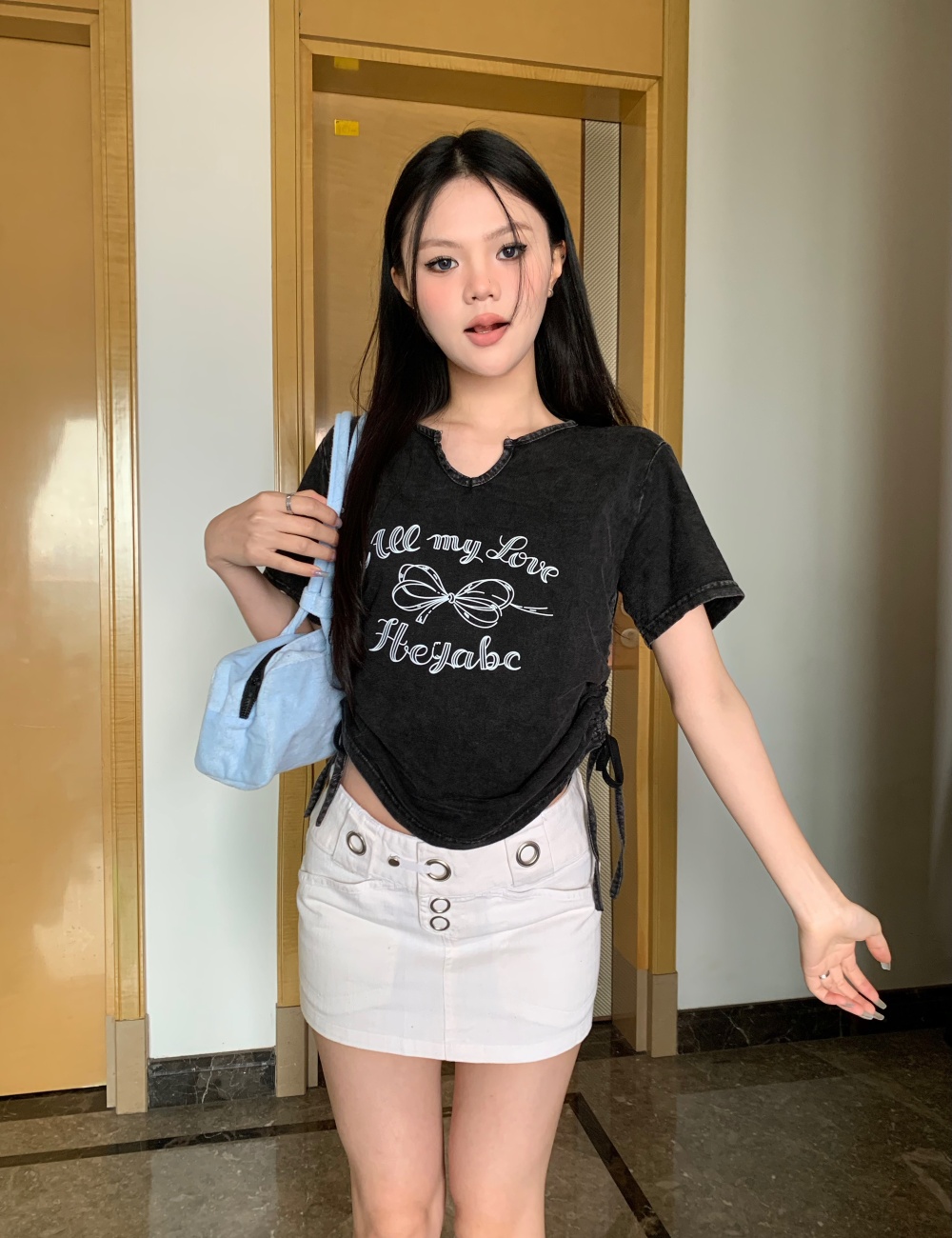 Retro American style short spicegirl washed T-shirt