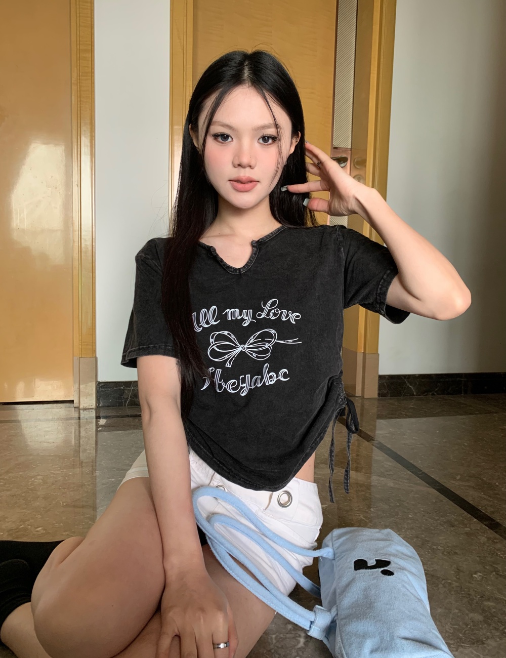 Retro American style short spicegirl washed T-shirt