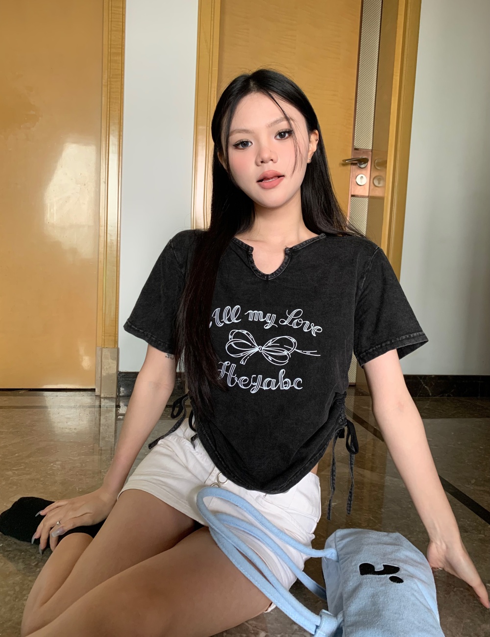 Retro American style short spicegirl washed T-shirt