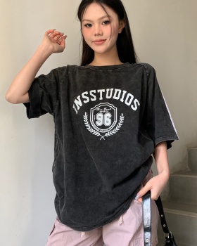 Letters washed lazy slim street retro loose T-shirt