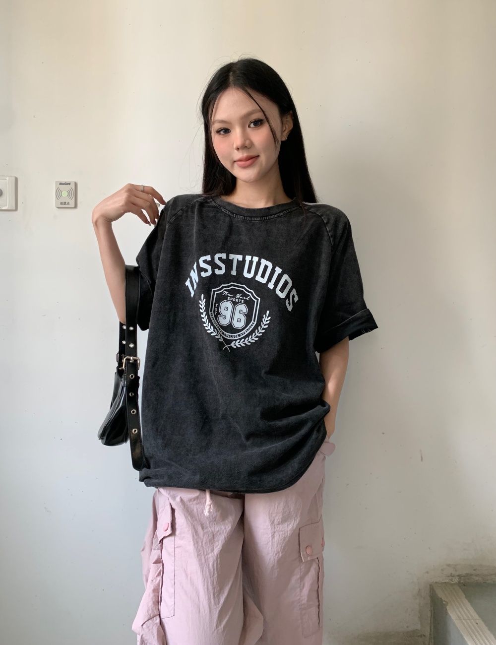 Letters washed lazy slim street retro loose T-shirt