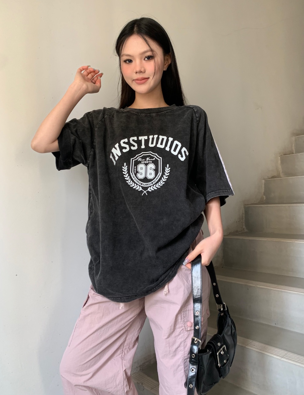 Letters washed lazy slim street retro loose T-shirt