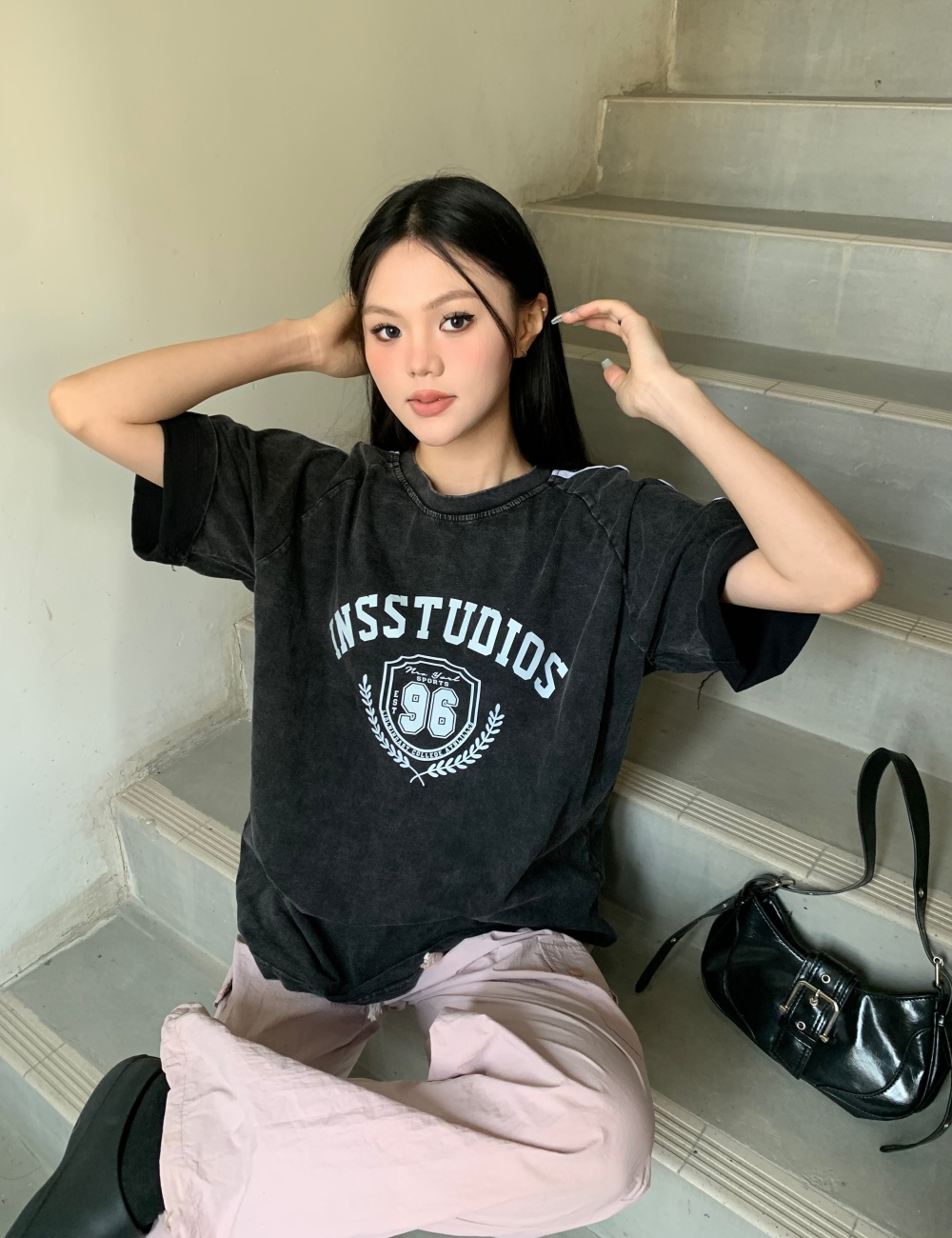 Letters washed lazy slim street retro loose T-shirt