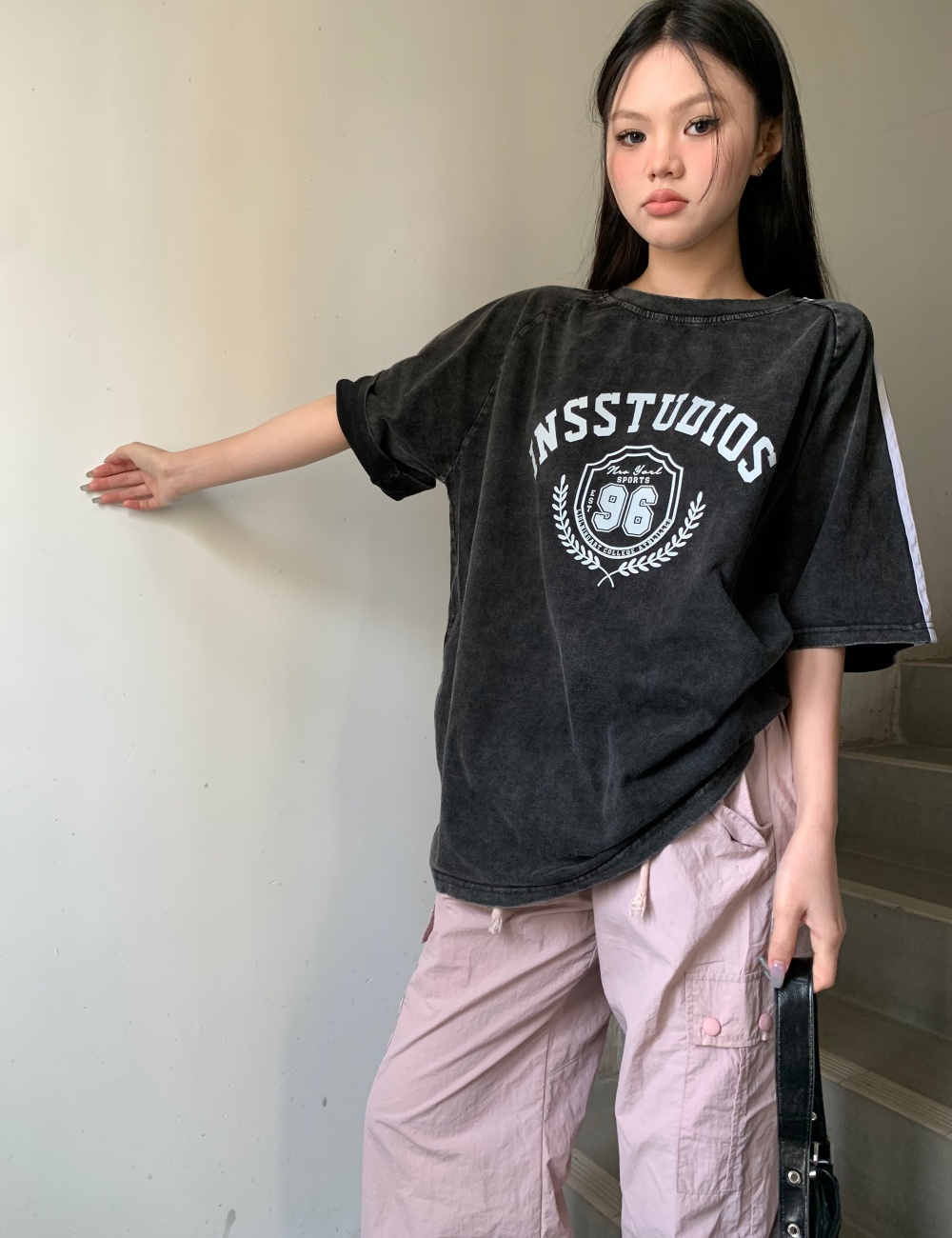 Letters washed lazy slim street retro loose T-shirt