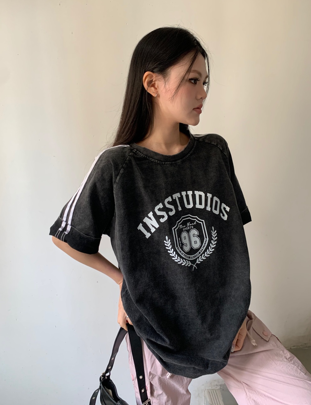 Letters washed lazy slim street retro loose T-shirt