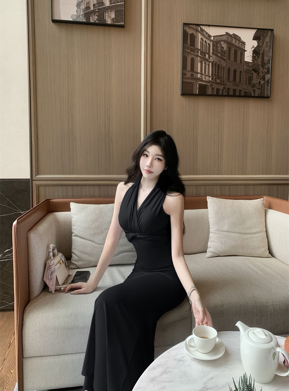 Package hip V-neck dress pinched waist slim long dress