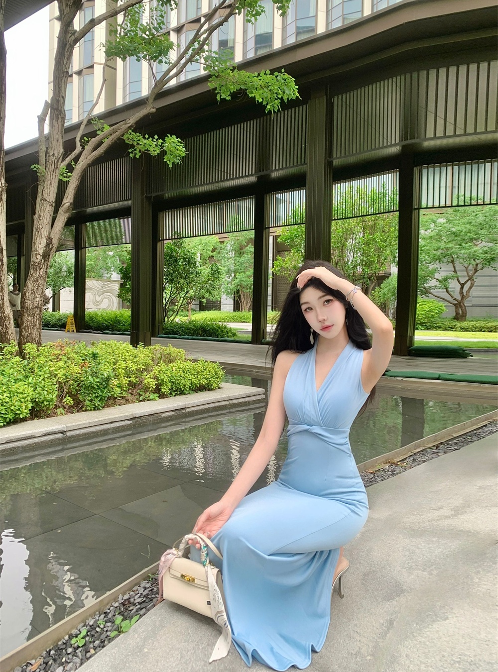 Package hip V-neck dress pinched waist slim long dress