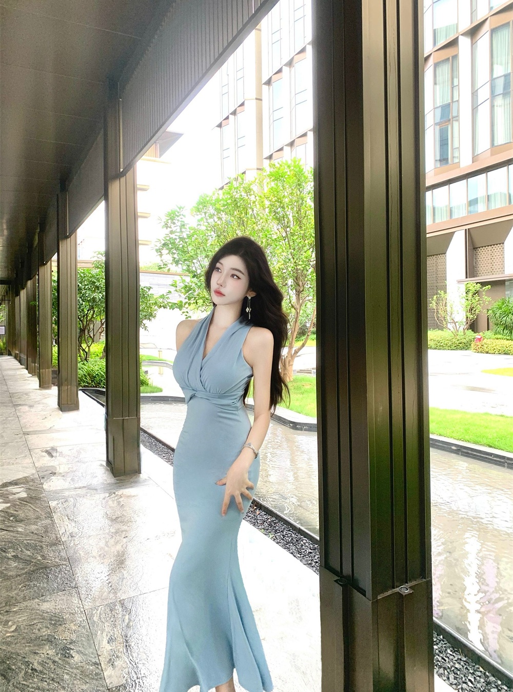 Package hip V-neck dress pinched waist slim long dress