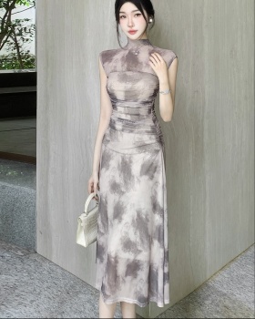 Fold half high collar dress gauze pinched waist long dress