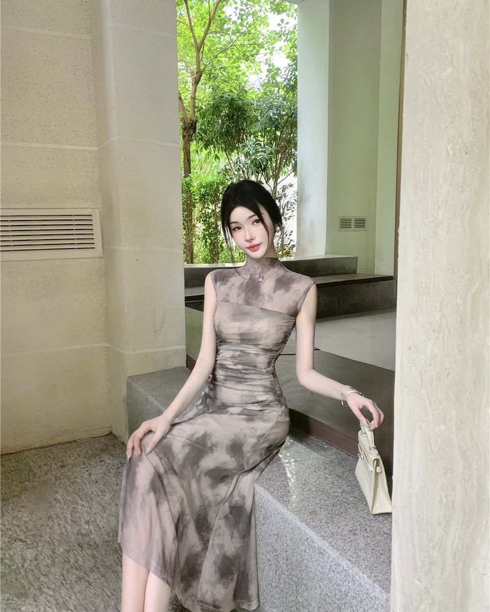 Fold half high collar dress gauze pinched waist long dress