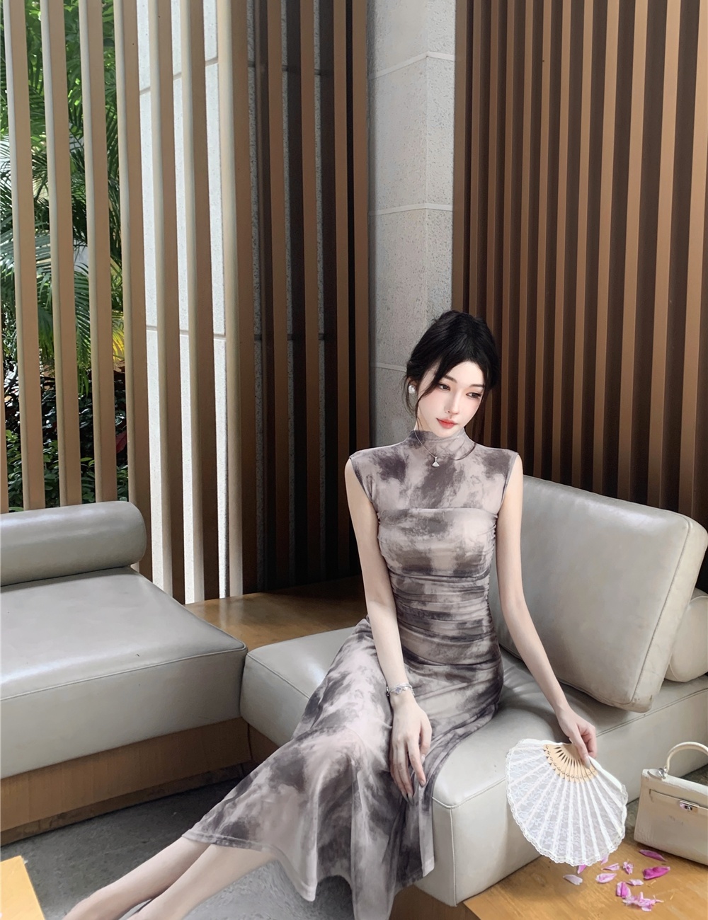 Fold half high collar dress gauze pinched waist long dress