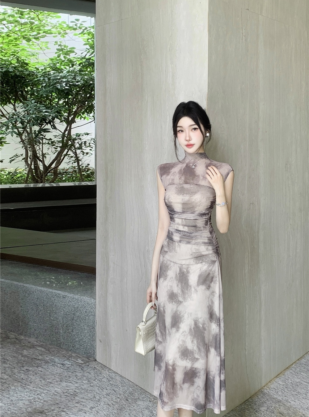 Fold half high collar dress gauze pinched waist long dress
