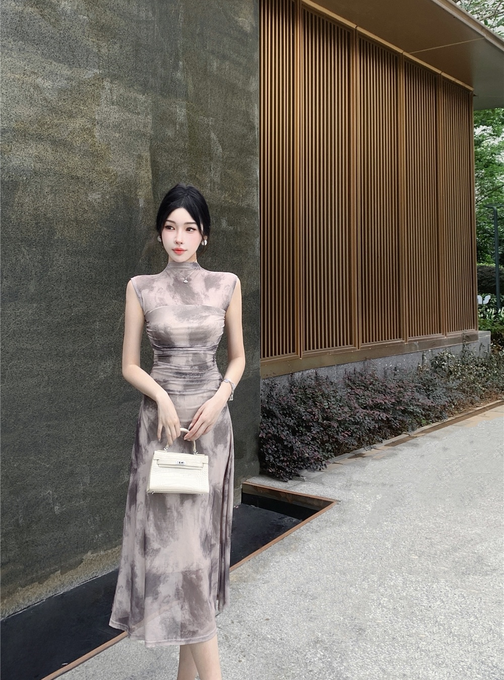 Fold half high collar dress gauze pinched waist long dress