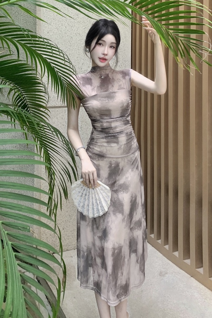 Fold half high collar dress gauze pinched waist long dress