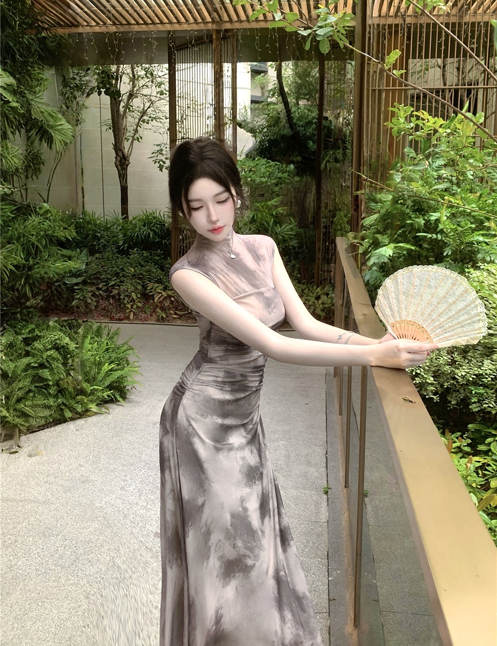 Fold half high collar dress gauze pinched waist long dress