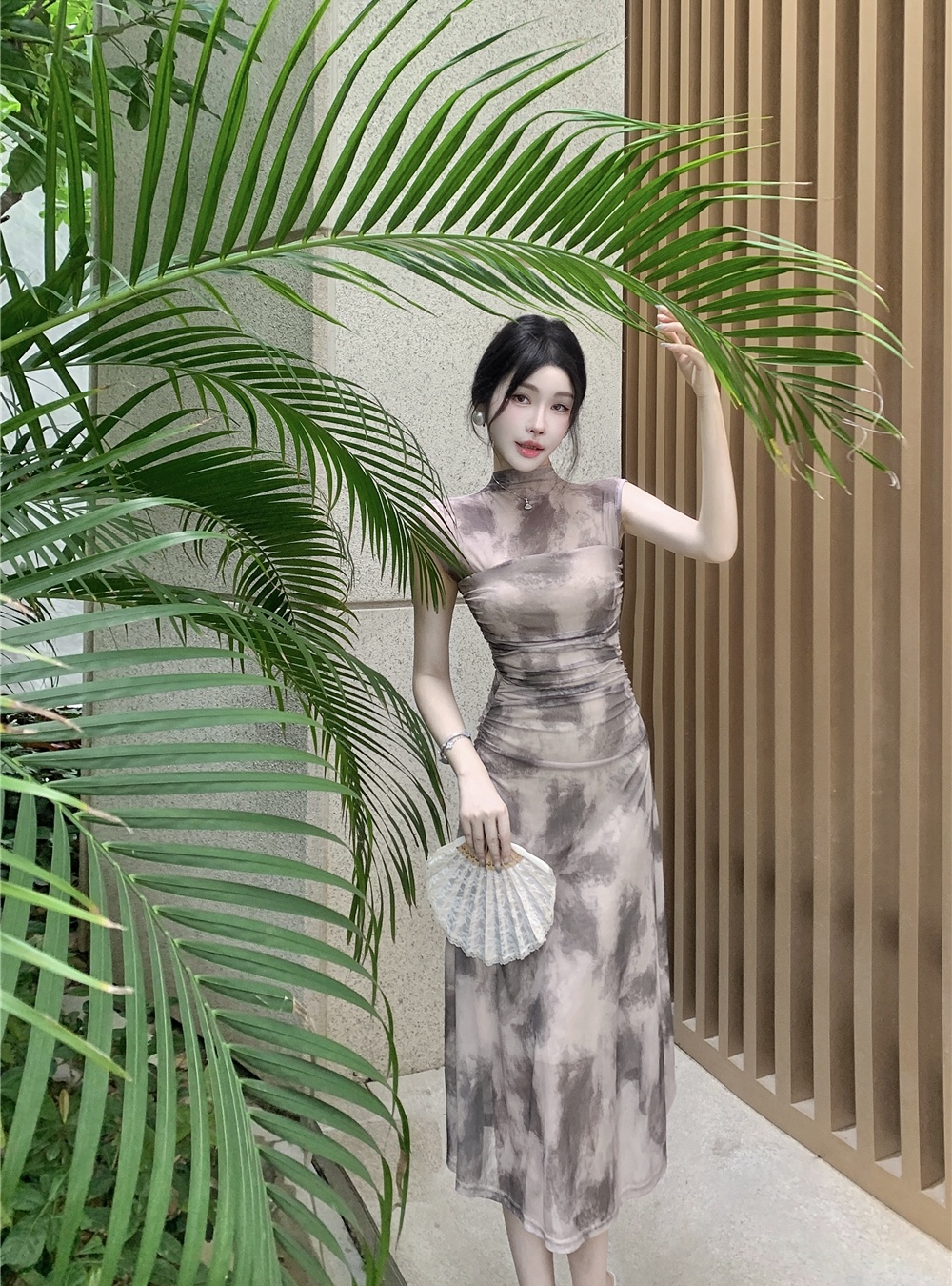 Fold half high collar dress gauze pinched waist long dress