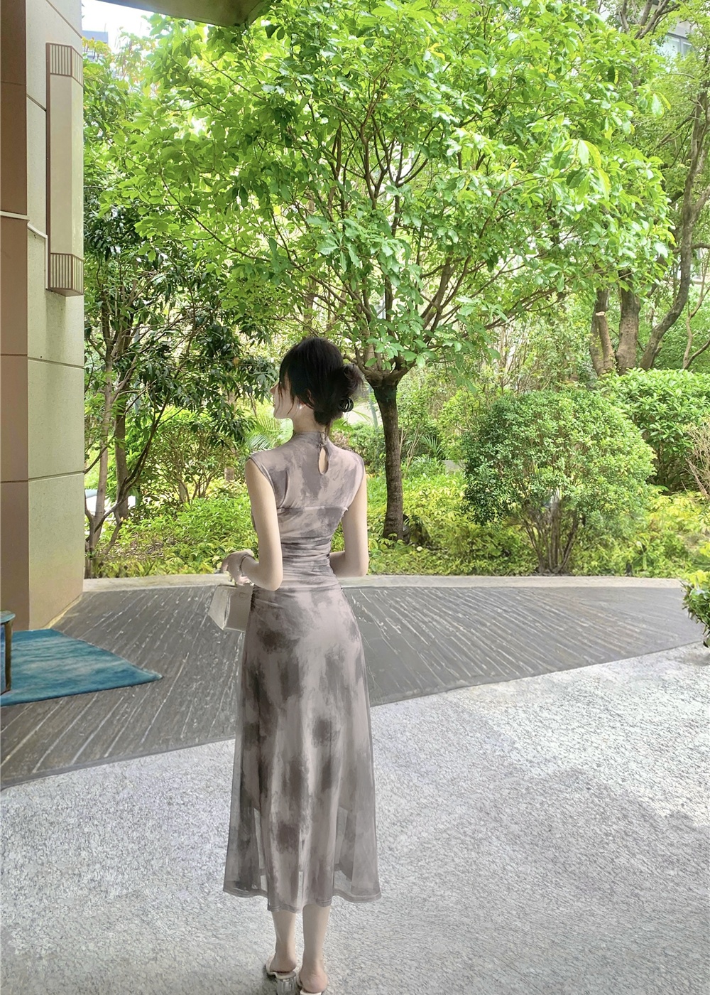 Fold half high collar dress gauze pinched waist long dress