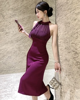Halter slim dress pinched waist long dress